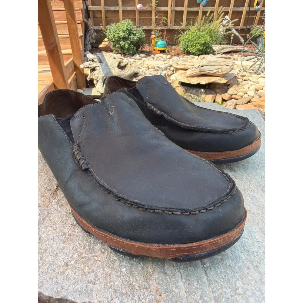 Olukai Moloa Mens Leather Loafers Dark Wood Brown Slip On Shoes Size 13